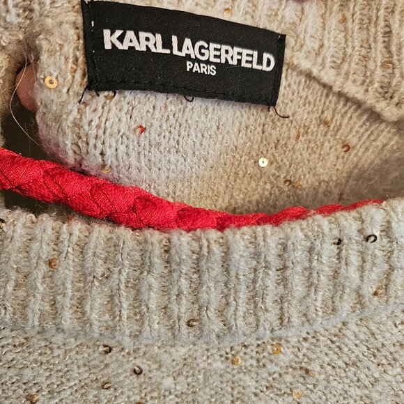Karl Lagerfeld Oatmeal Sparkle Crew neck with Back Bow, Sz XL EUC - Picture 2 of 4
